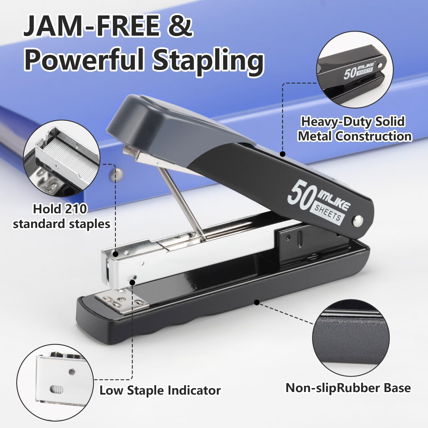 Heavy Duty Stapler, IMLIKE 50 Sheet Full Strip Stapler, Anti-Jam Non-Slip with 5000pcs 26/6 Staples and 1000pcs 23/8