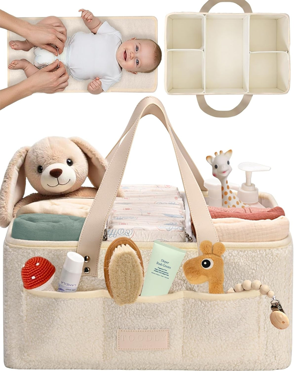 Baby Diaper Caddy Organizer with Portable Changing Mat - Teddy Fleece Diaper Organizer for Changing Table - Basket