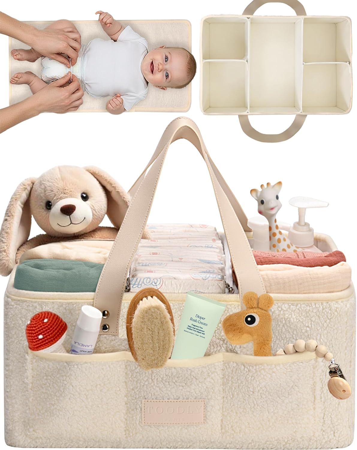 Baby Diaper Caddy Organizer with Portable Changing Mat - Teddy Fleece Diaper Organizer for Changing Table - Basket