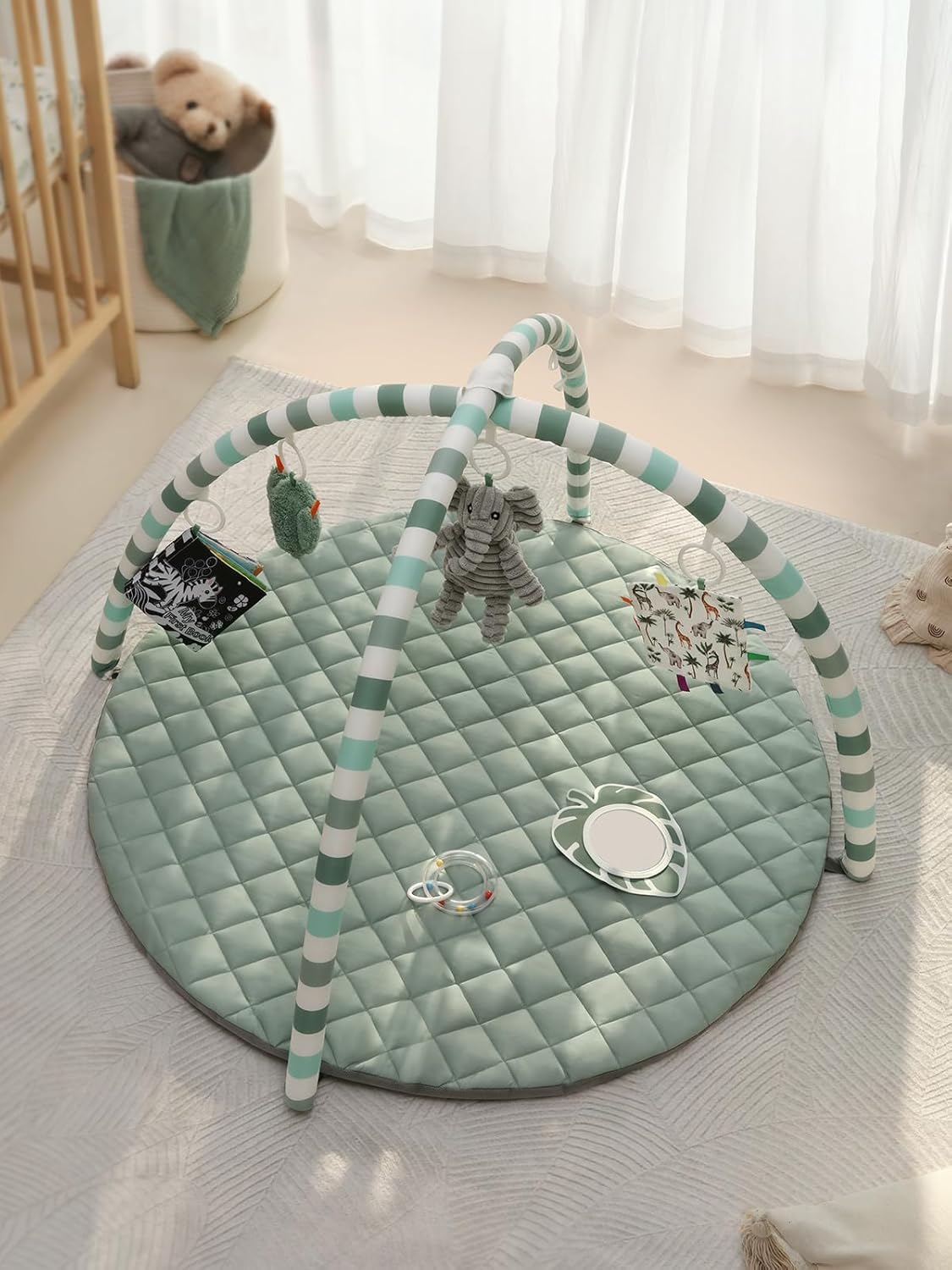 Baby Play Gym Mat, Play Mat Activity Mat with 6 Detachable Toys for Stage-Based Sensory & Motor Skill Development