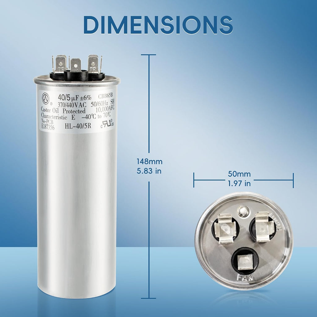 40+5 uF 40/5 MFD ±6% 370V/440VAC CBB65 Dual Run Circular Start Capacitor for Heat Pump Air Conditioner，Ten Years of Coverage