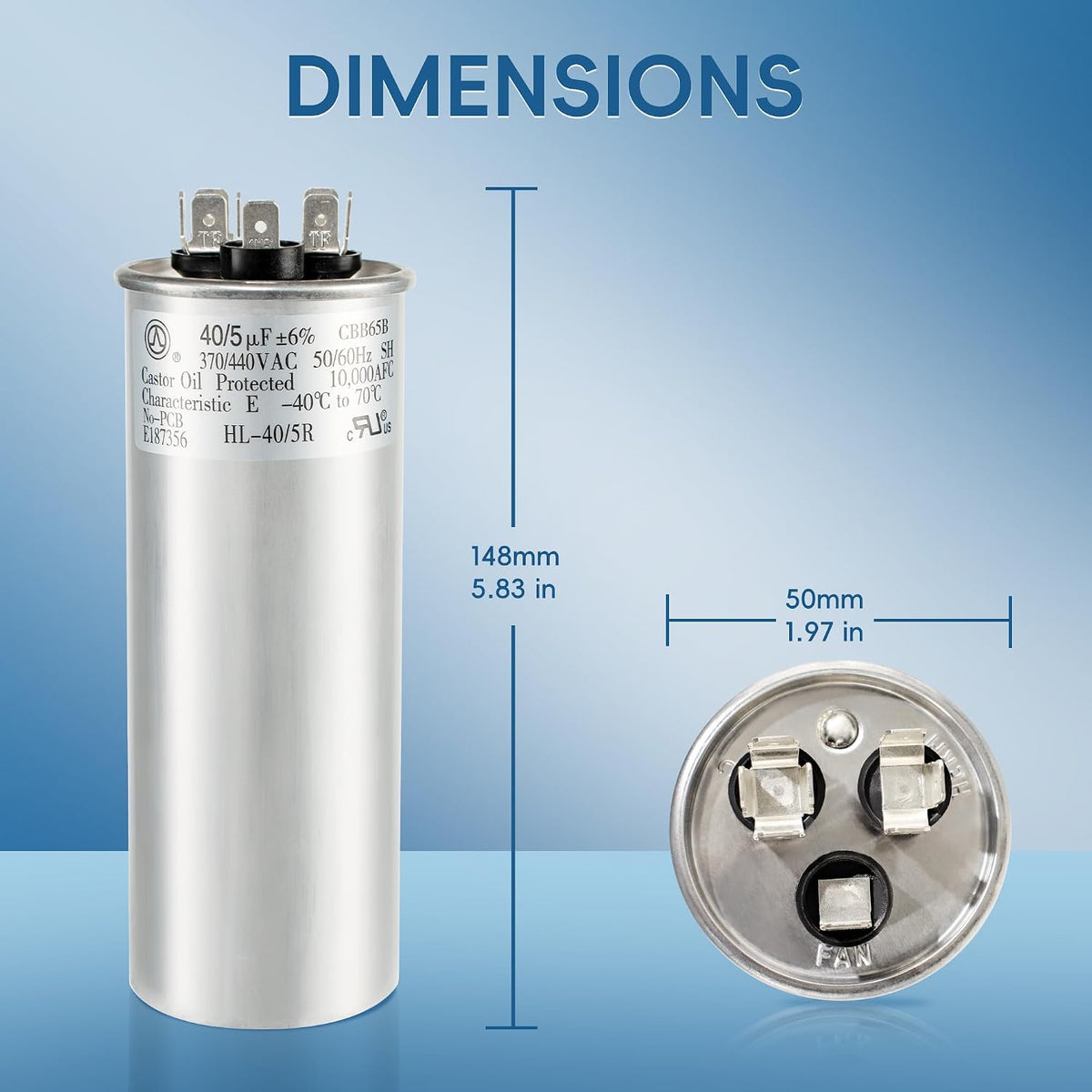 40+5 uF 40/5 MFD ±6% 370V/440VAC CBB65 Dual Run Circular Start Capacitor for Heat Pump Air Conditioner，Ten Years of Coverage