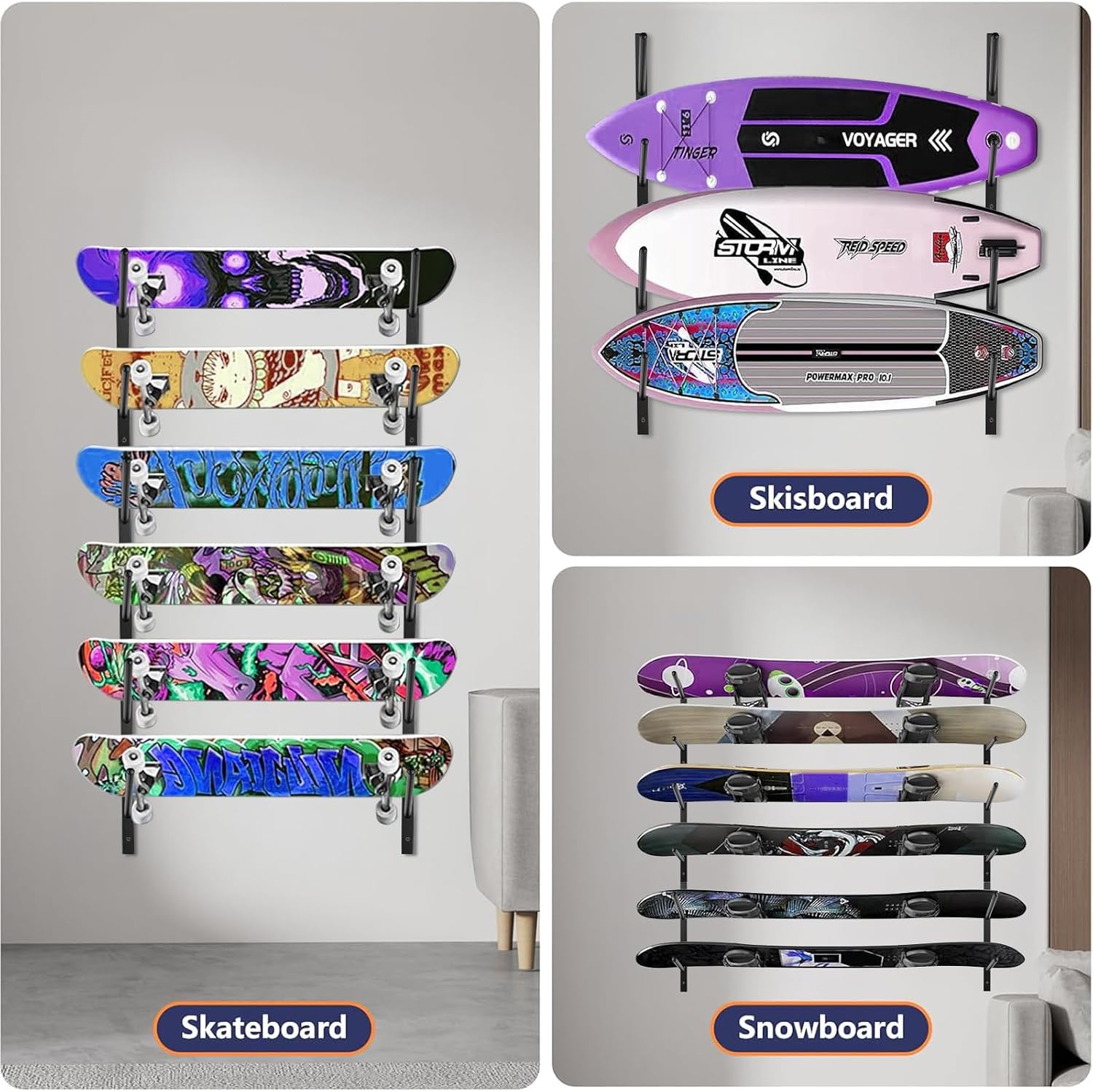 Skateboard Rack-6-Tier Skateboard Wall Mount & Snowboard Rack –Snowboard Wall Mount – Space-Saving Multi-Functional