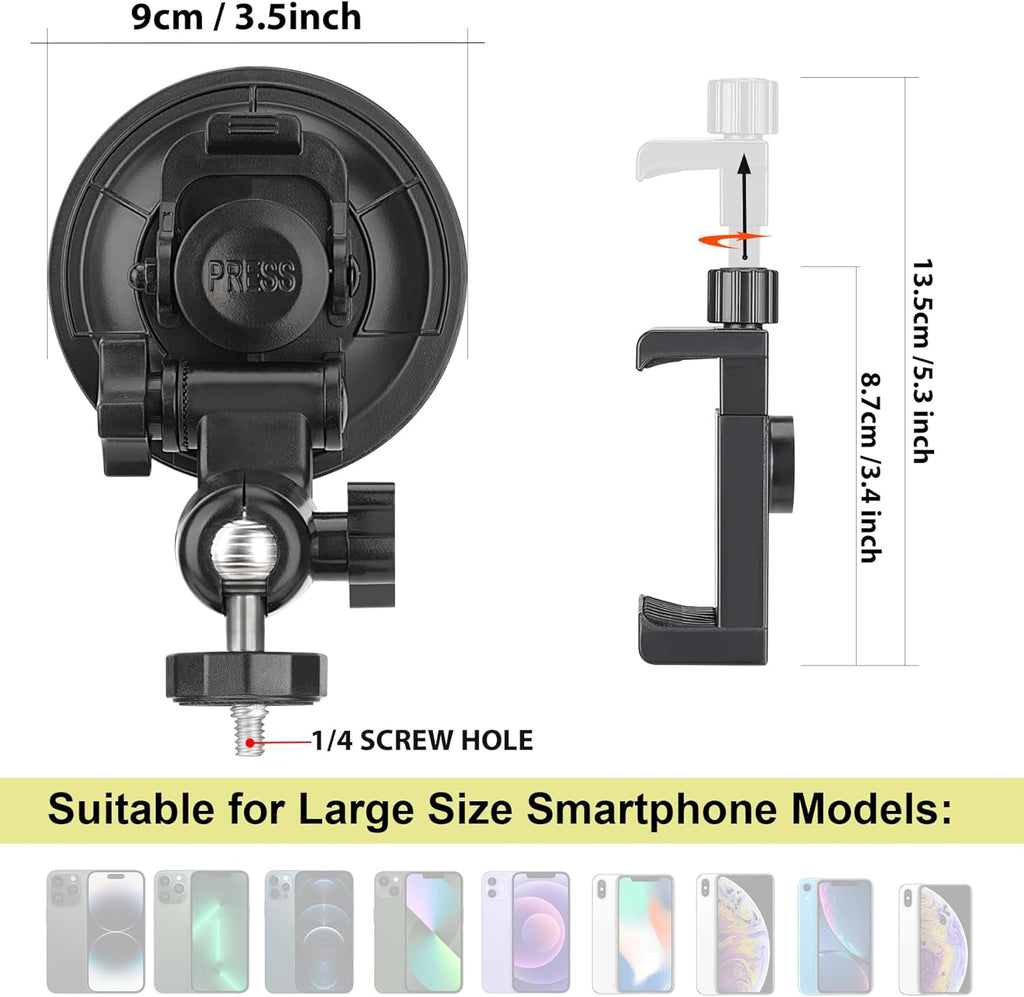 Heavy Duty Φ90mm Suction Cup + Adjustable Dual-Ball-Head Action Camera Dash Cam Phone Car Mount Windscreen Window