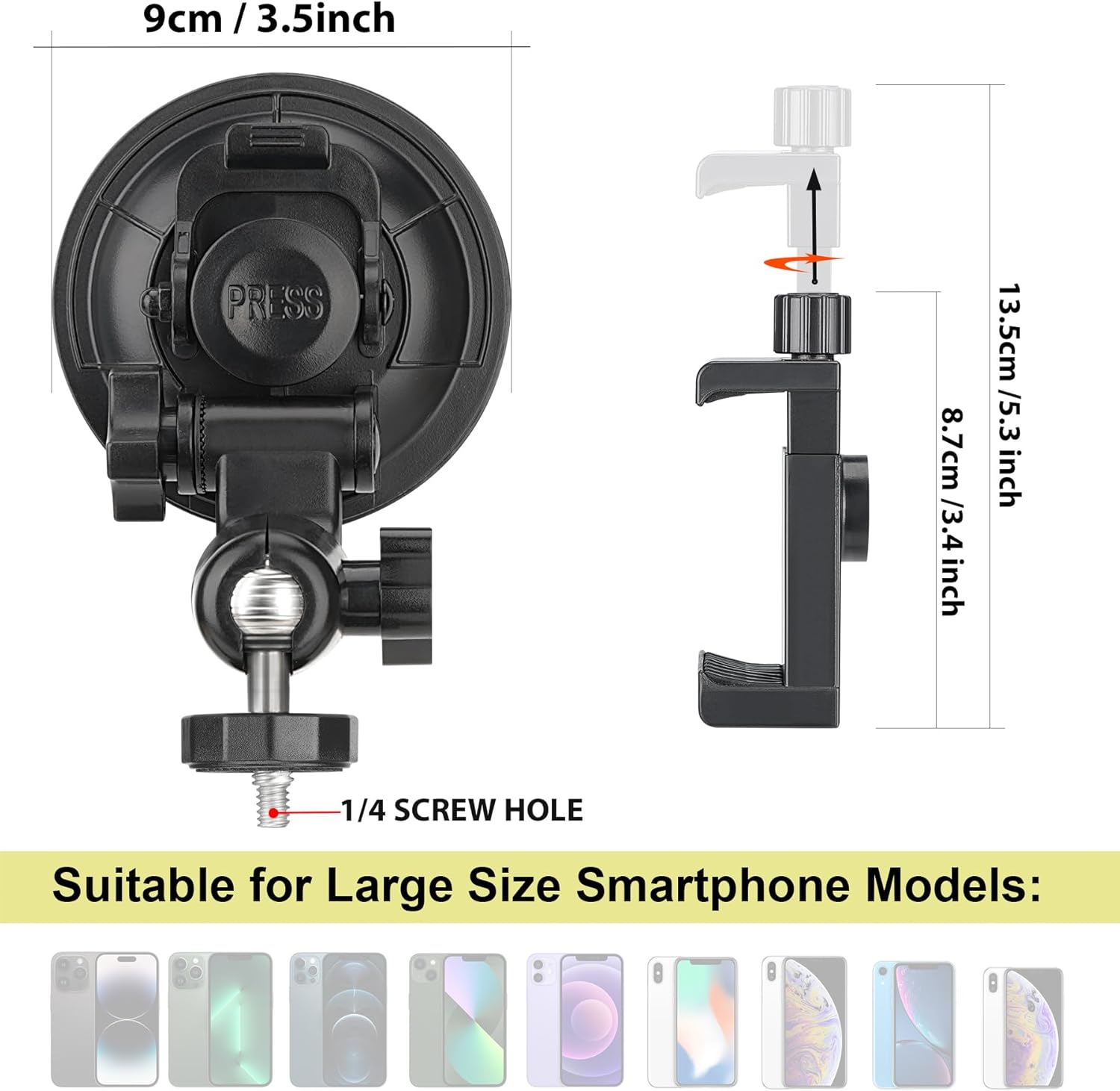 Heavy Duty Φ90mm Suction Cup + Adjustable Dual-Ball-Head Action Camera Dash Cam Phone Car Mount Windscreen Window
