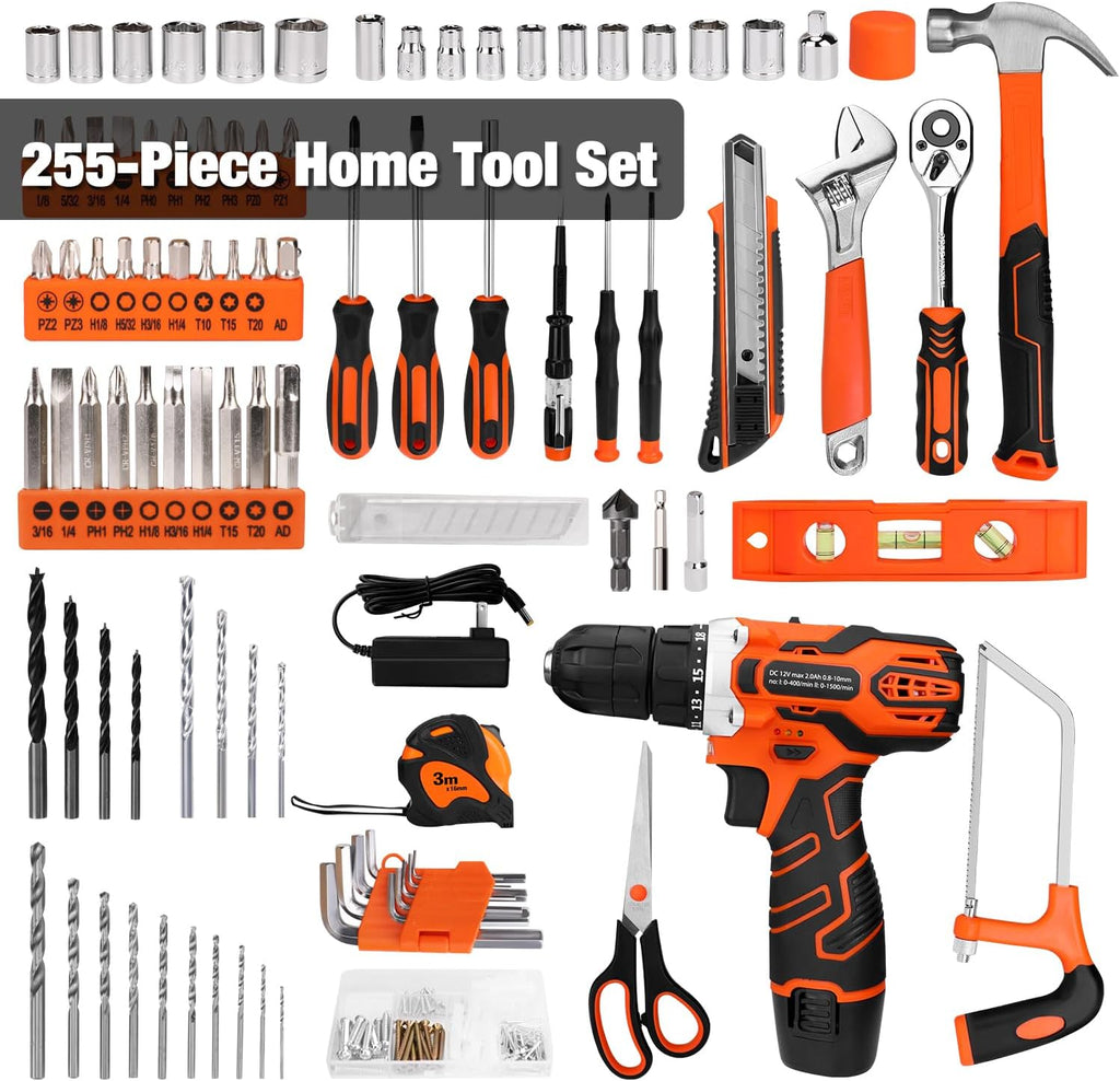 255-Piece Tool Set - Tool Kit with 12V Cordless Drill Driver, Toolbox Storage Case with Drawer, General Household