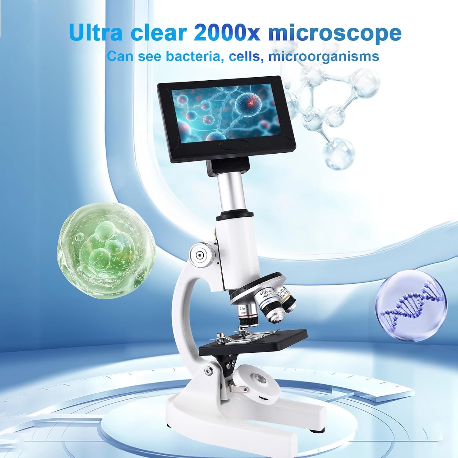 Microscope 40X-2500X Magnification with 4.3-inch Display, Wide-Angle 10X and 25X eyepieces, and Built-in 5-megapixel
