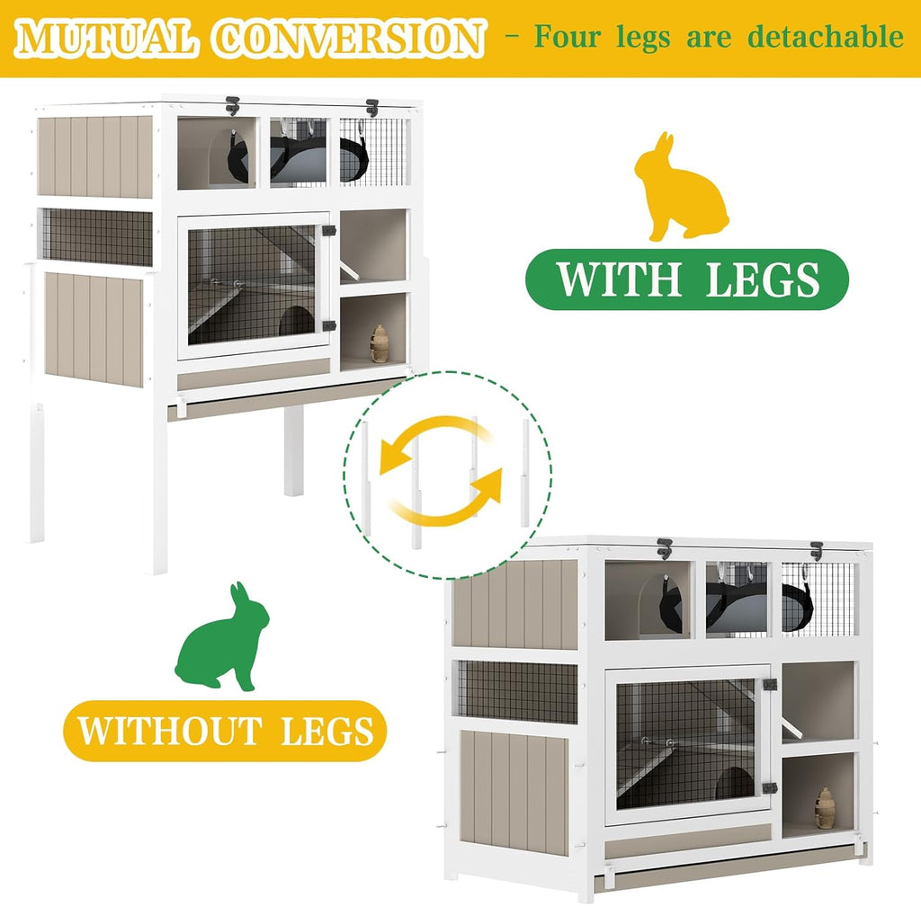 3-Tier Guinea Pig Cage Indoor Wooden Small Animal Habitat with Stand | Rabbit Hutch with Ramp, Removable Hammock &