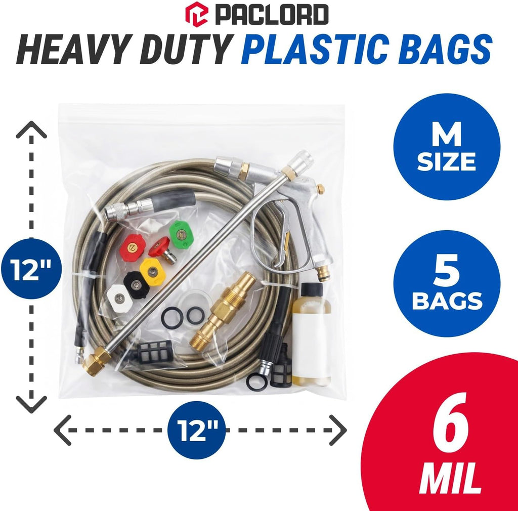 12" x 12" Medium Reclosable Plastic Zip Bags, 5 Count