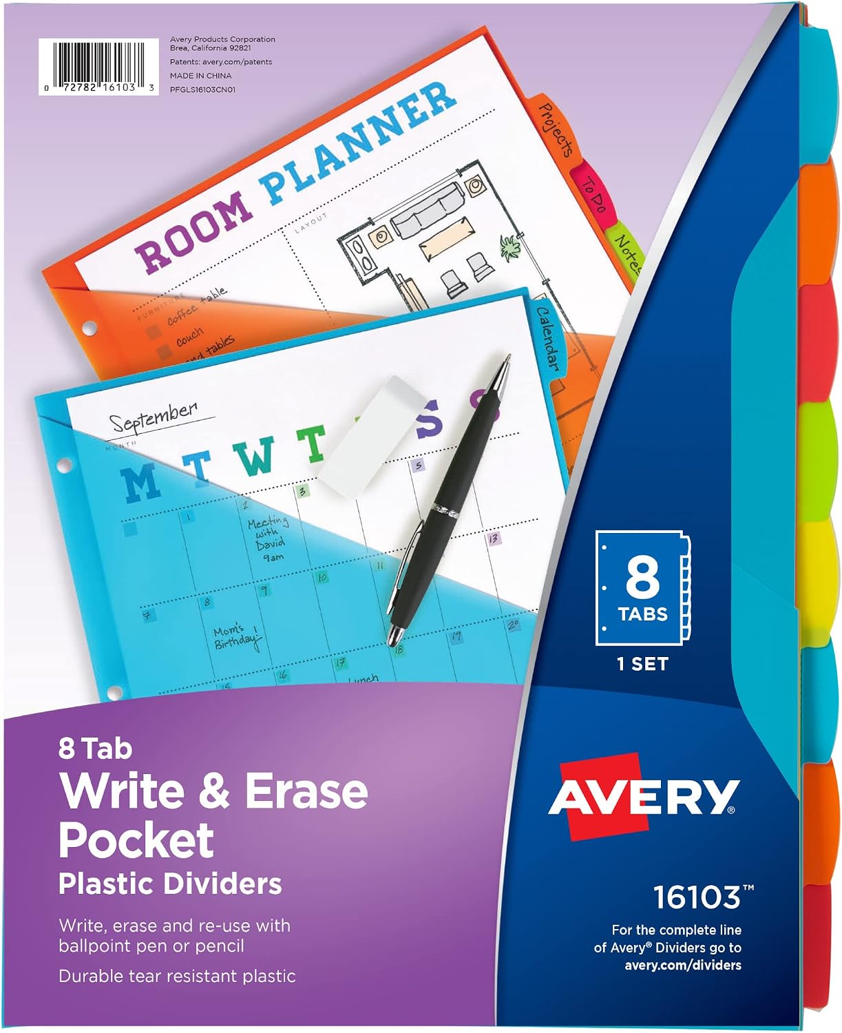 Durable Plastic 8 Tab Write & Erase Dividers with Pockets for 3 Ring Binders, Multi Brights, Works with Sheet
