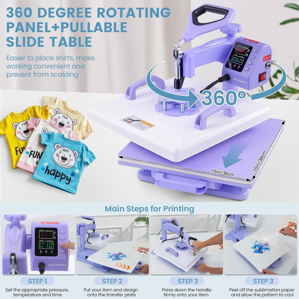15x15 Heat Press 8 in 1 with 30oz Tumbler Press, Slide Out & 360°Swing Away | PID Temp Control+Industrial Quality