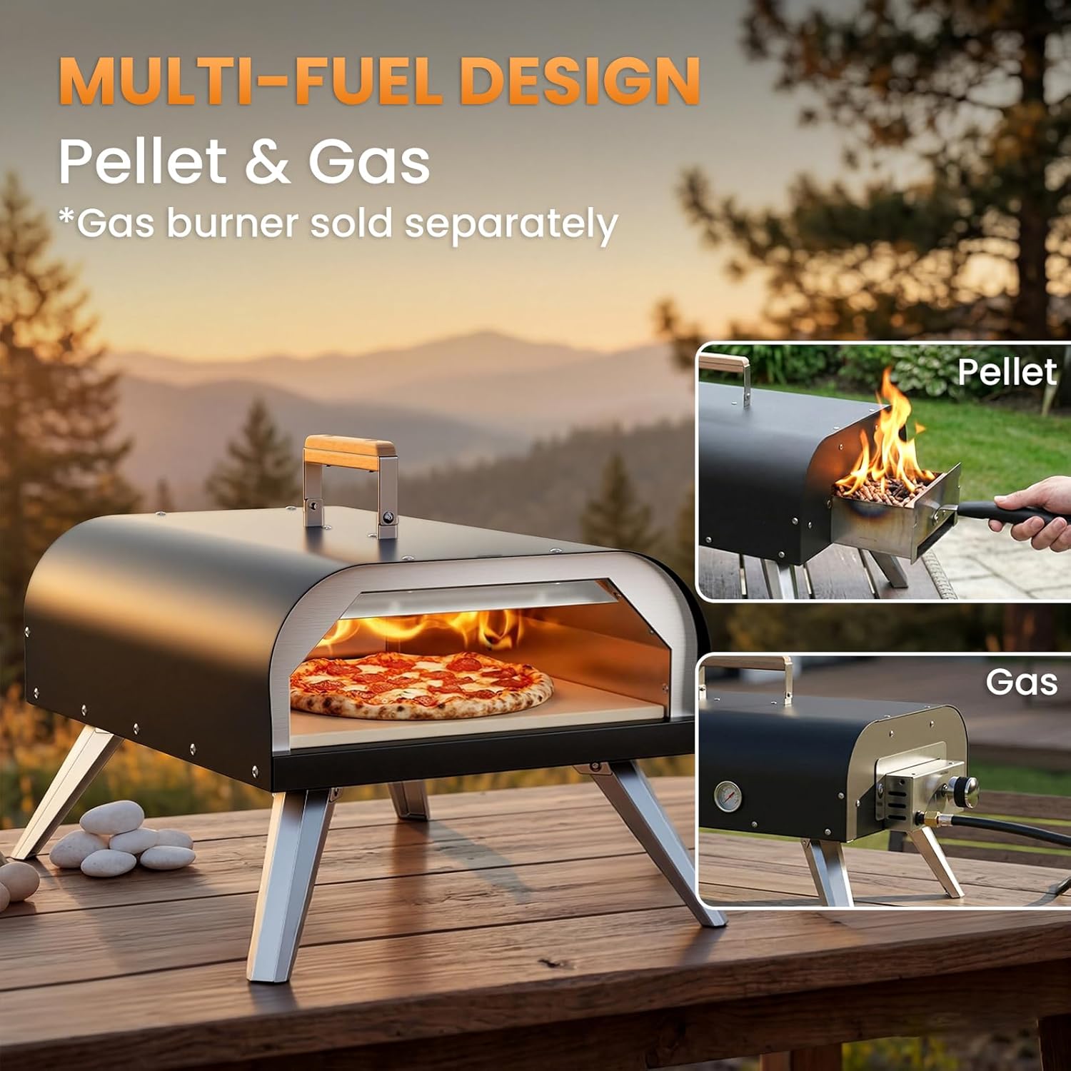 12" Multi-Fuel Outdoor Pizza Oven, Reaches 720°F, Wood and Propane