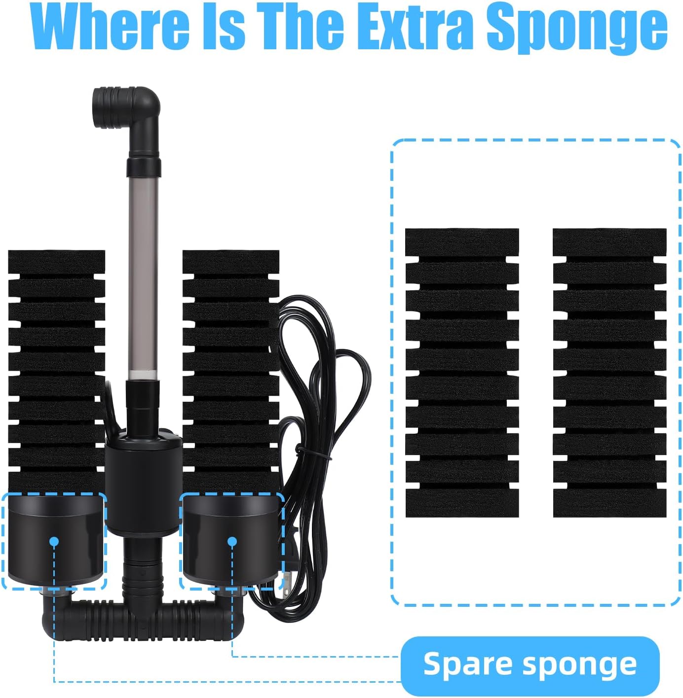 Aquarium Electric Sponge Filter for Fish Tank, with Pump, with 2 Extra Sponges, Middle up to 40Gal