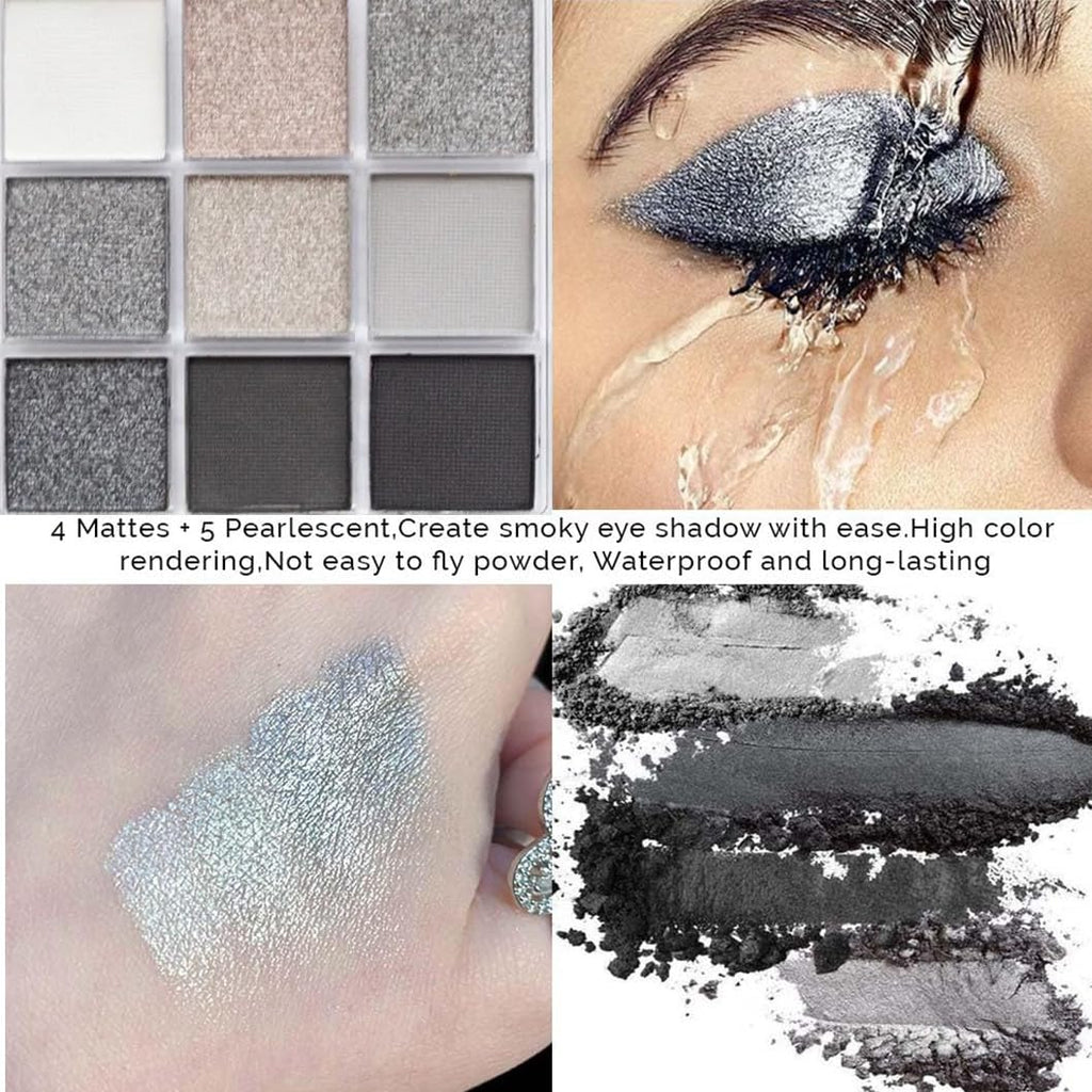 Black Smoky Eye shadow Palette, Black Dark Grey Smokey Goth Makeup Pallet, 9 Soft Matte Shimmer High Pigmented Basic