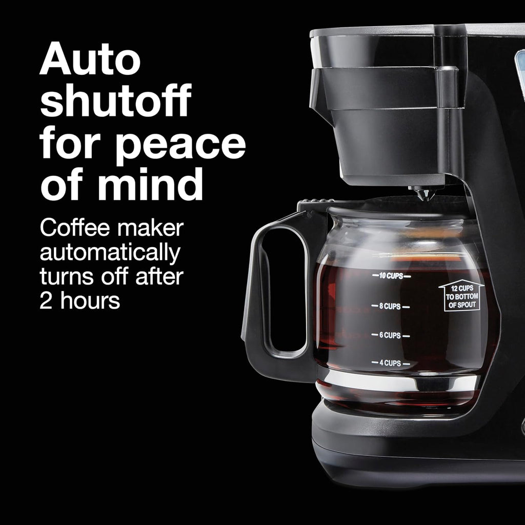 Digital & Programmable FrontFill 12 Cup Drip Coffee Maker | Glass Carafe | Compact | Auto Shutoff | Black & Silver |