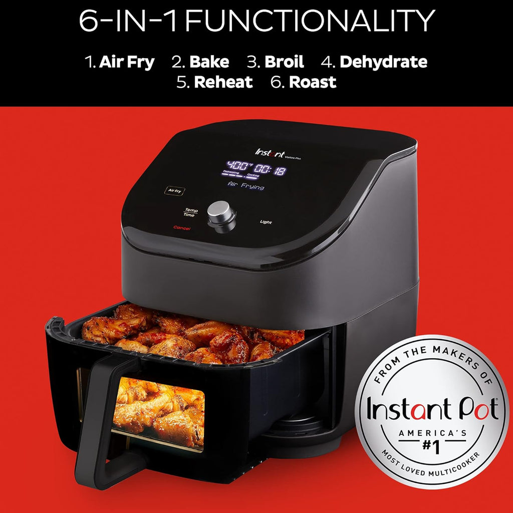Vortex Plus 6QT ClearCook Air Fryer, Clear Windows, Custom Program Options, 6-in-1 Functions, Crisps, Broils, Roasts