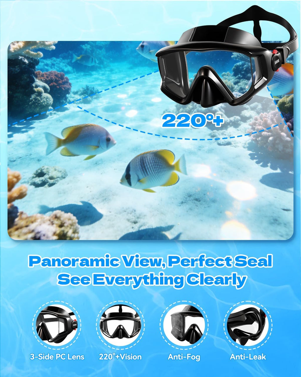 4-in-1 Snorkeling Gear for Adult Men Women with Travel Mesh Bag | Anti-Fog Panoramic Mask Set, Adjustable Fins & Dry