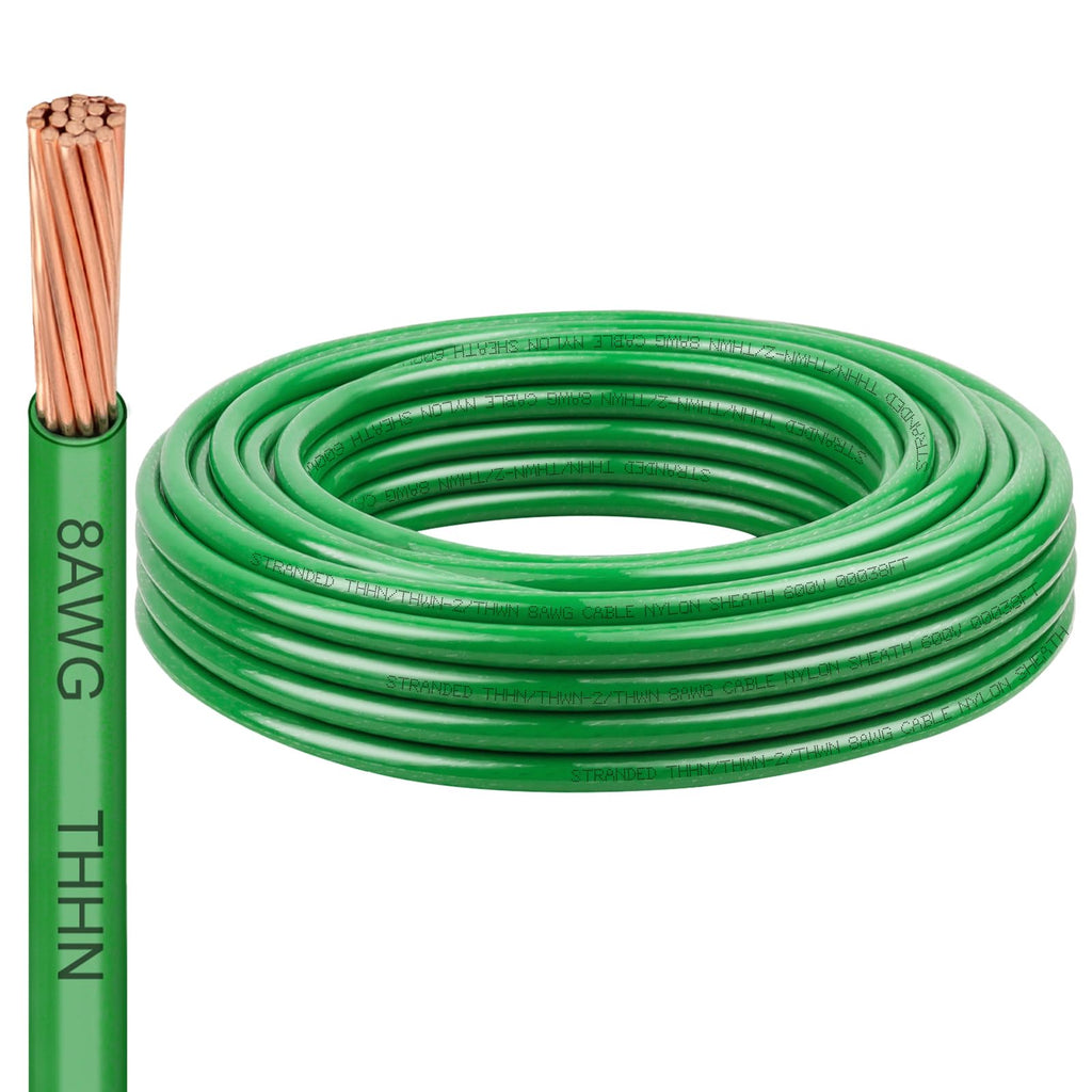 8 AWG THHN Stranded Bare Copper Wire 25FT Green Grounding Wire, Electrical Wire, 600V Rated Building Wire, Ideal for Panel Wiring, Grounding, Lighting Circuits, Control Systems