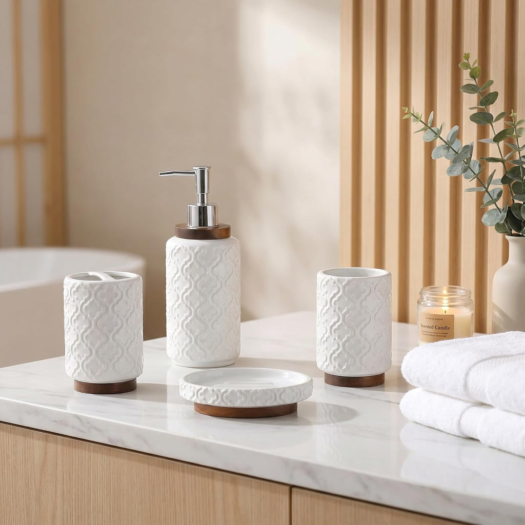 Ceramic 4-Piece Bathroom Accessory Set,White | Ceramic Bathroom Set 4-Piece Countertop Essentials Embossed Textured