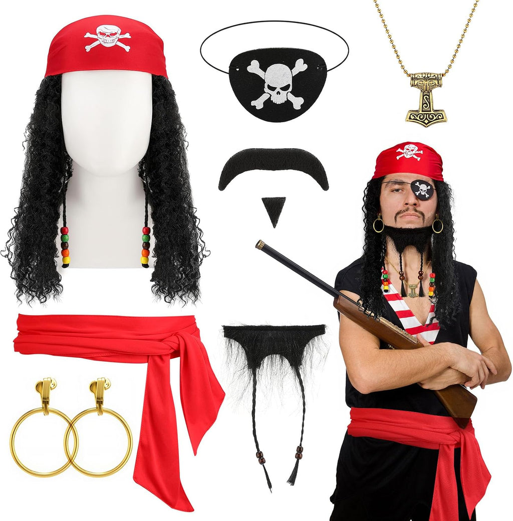 Pirate Costume Accessories Set for Women Men | Captain Hat, Bandana, Eyepatch, Earring, Necklace, Beard Wig, Dress Up