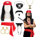 Pirate Costume Accessories Set for Women Men | Captain Hat, Bandana, Eyepatch, Earring, Necklace, Beard Wig, Dress Up