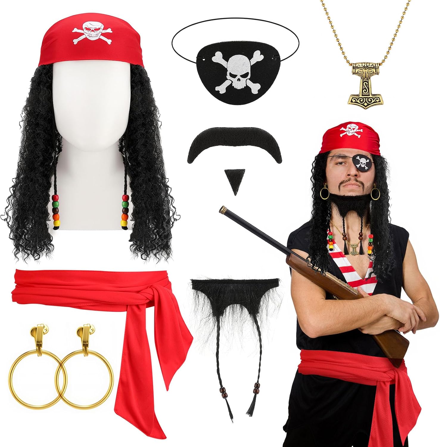 Pirate Costume Accessories Set for Women Men | Captain Hat, Bandana, Eyepatch, Earring, Necklace, Beard Wig, Dress Up