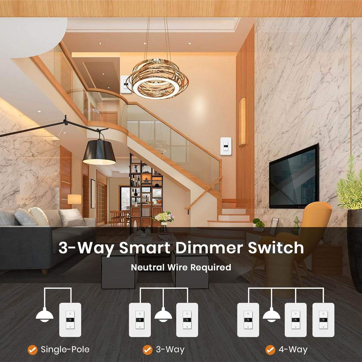 Smart Dimmer Switch 3Gang Digital Display Single-Pole 3Way Dimmer Smart Switch， 2024 New Model，Works with Siri, Alexa