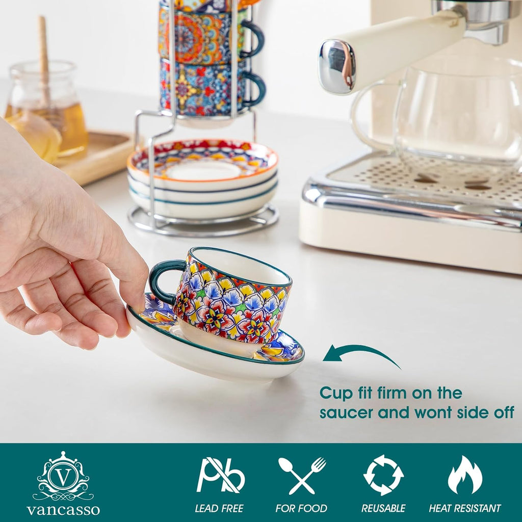 2.5 Oz Stackable Espresso Cup Set of 4, Ceramic with Saucers
