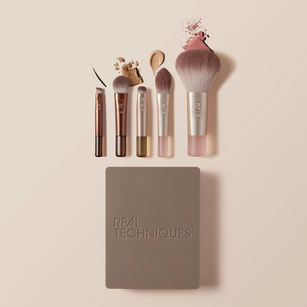 New Nudes On The Glow Mini Brush Kit, 6 Piece Set With Compact Mirror, Travel Makeup Brush Set for Contour