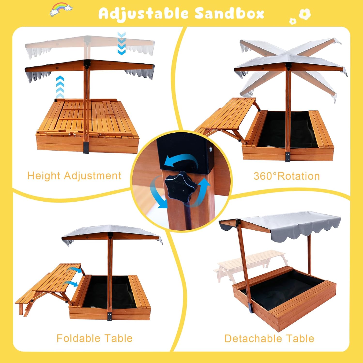 Wooden Sandbox with Lid, Outdoor Sandbox with Foldable Picnic Table, Sandpit with UV-Resistant & Adjustable Capony