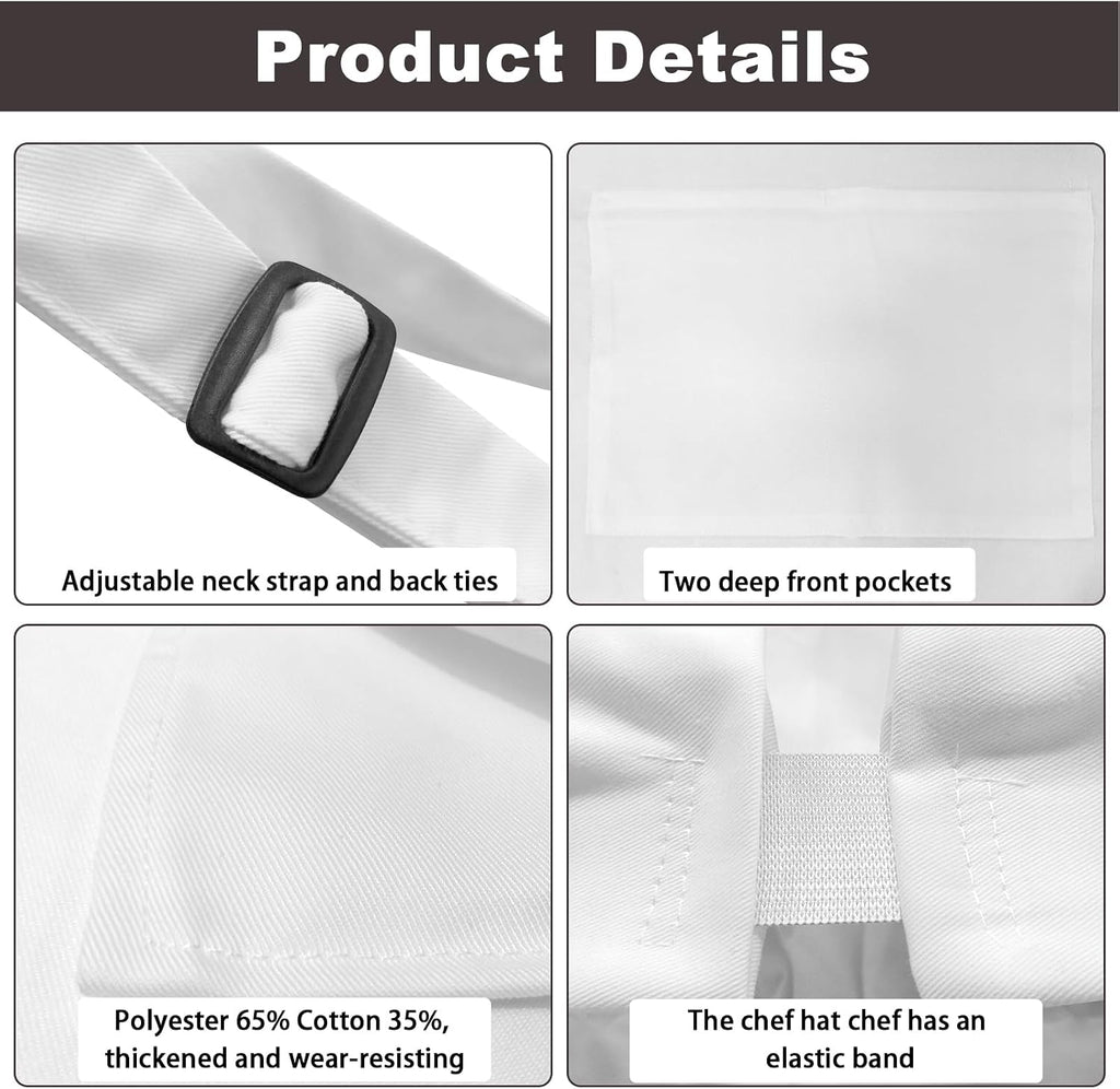Chef Apron and Hat Set, Chef Hat and Kitchen Apron with Front Pockets for Adult