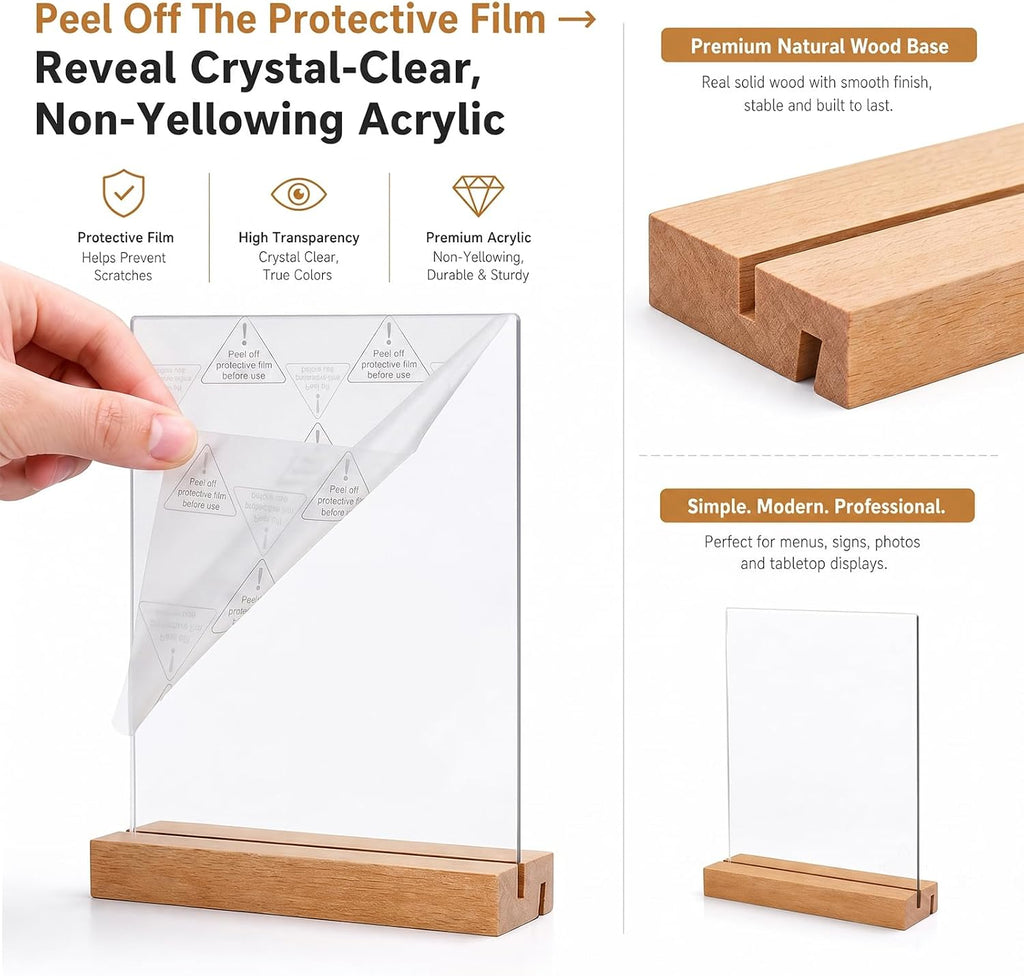 5×7 Acrylic Sign Holder,3Pack | High Definition,Dual-slot design,Solid wood base,Double-sided protective