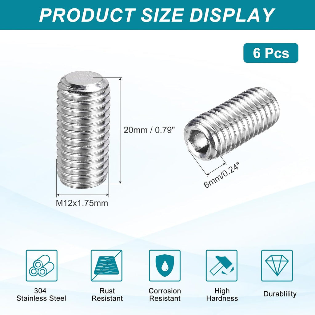 MECCANIXITY 6 Pcs M12-1.75 x 20mm Grub Screws, 304 Stainless Steel Cup Point Allen Head Screws Internal Hex Socket Drive for Bathroom Fixtures Repair Furniture DIY Project
