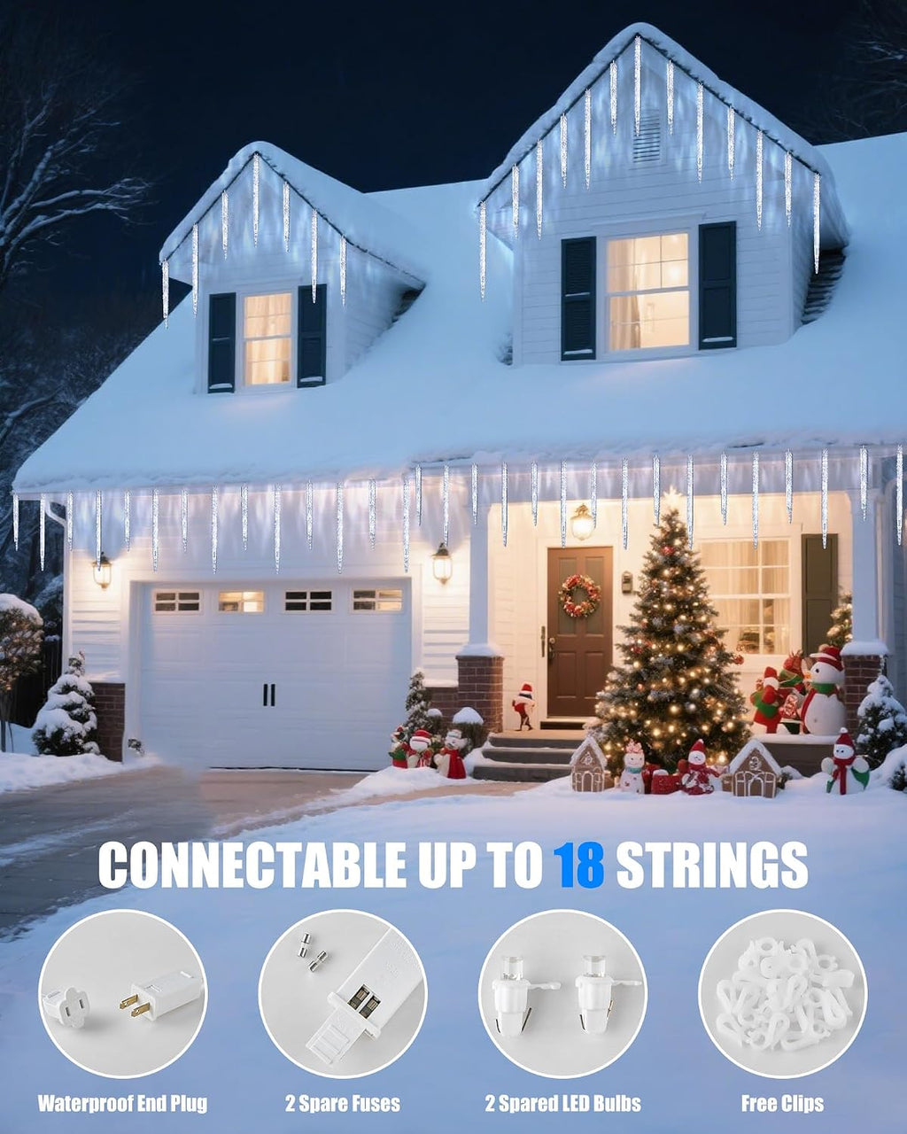 Icicle Lights Outdoor with Clips, 20ft 100 LED 20 Tubes Twinkling White Christmas String Lights, Connectable