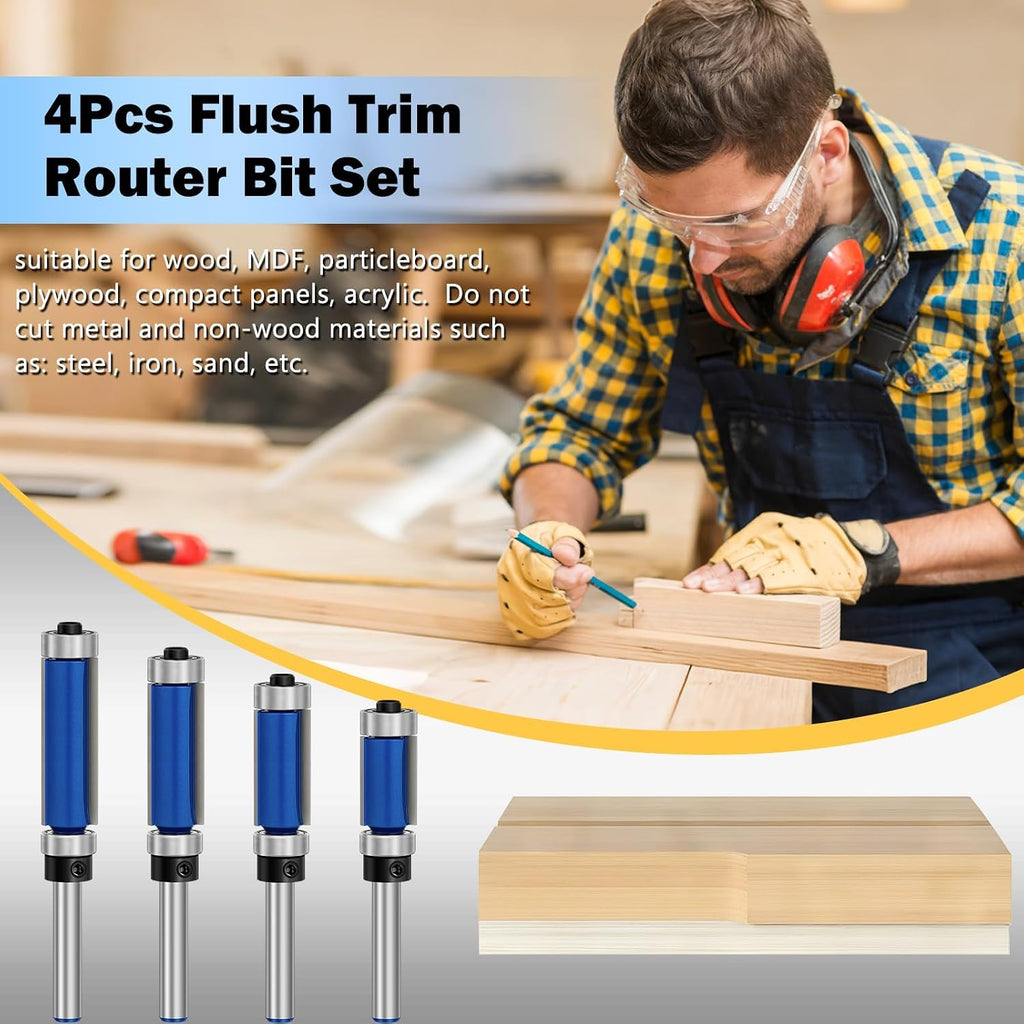 4 Pcs Flush Trim Router Bits 1/4 Inch Shank Top and Bottom Bearing, Carbide Straight Cut Router Bit Set for Trimming
