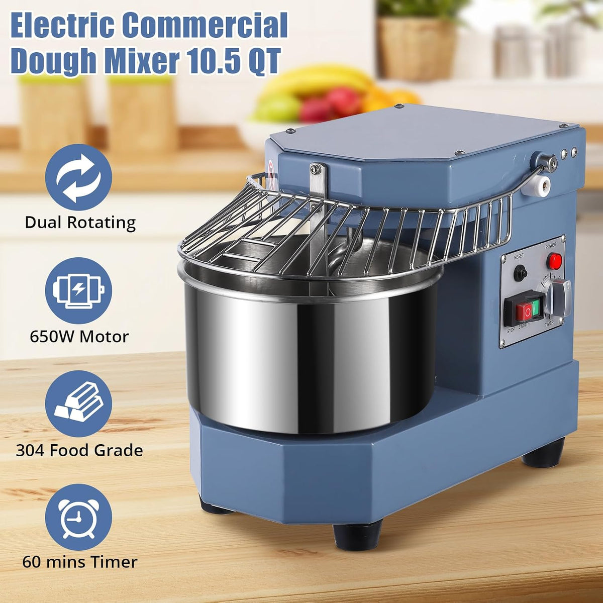 10.5 QT Commercial Dough Mixer, 650W Dual Rotating Dough Kneading Machine with Food-Grade Stainless Steel Bowl