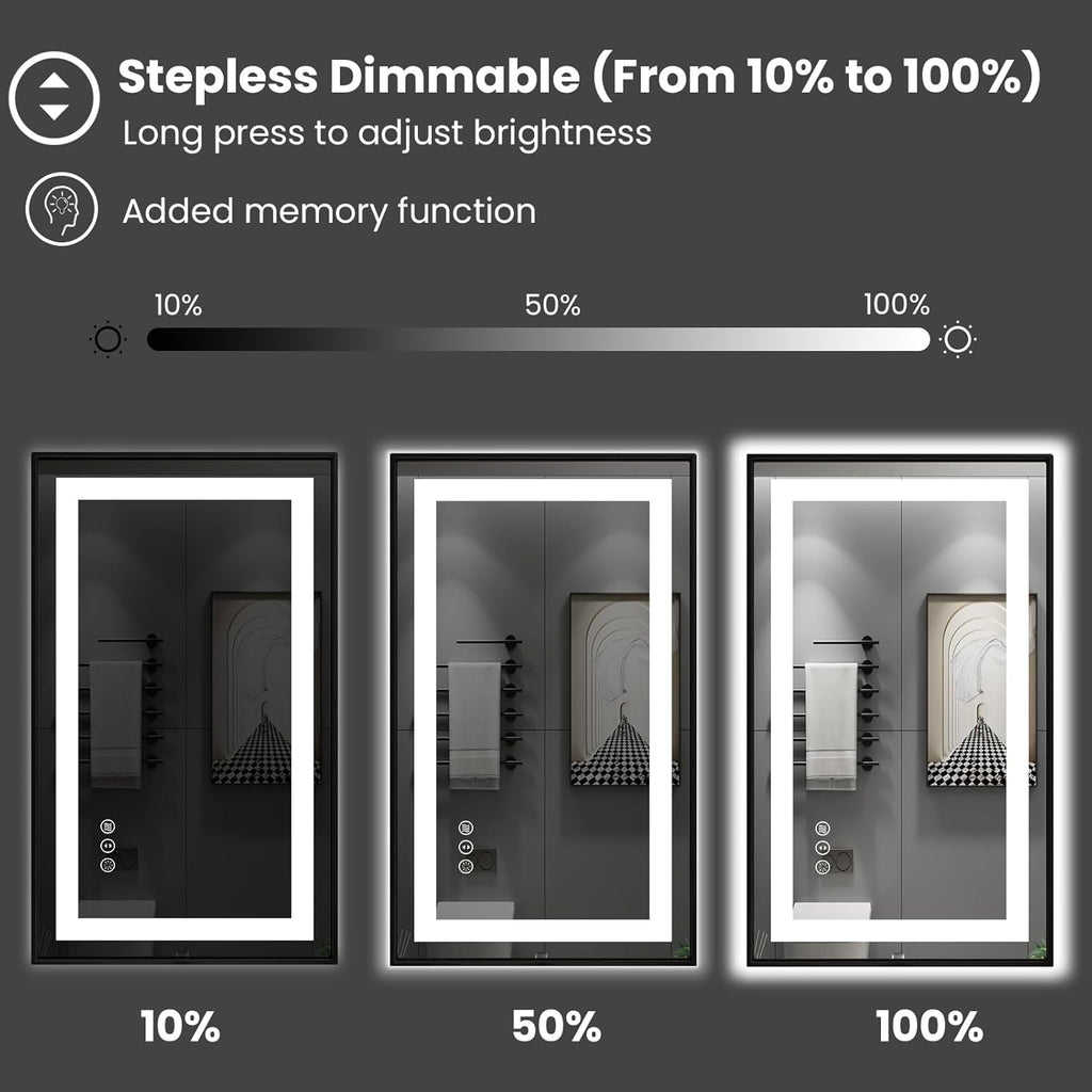 24"X32" LED Bathroom Mirror with Black Frame, Front Lit and Backlit | Metal Framed Mirror, Stepless Dimmable, HD