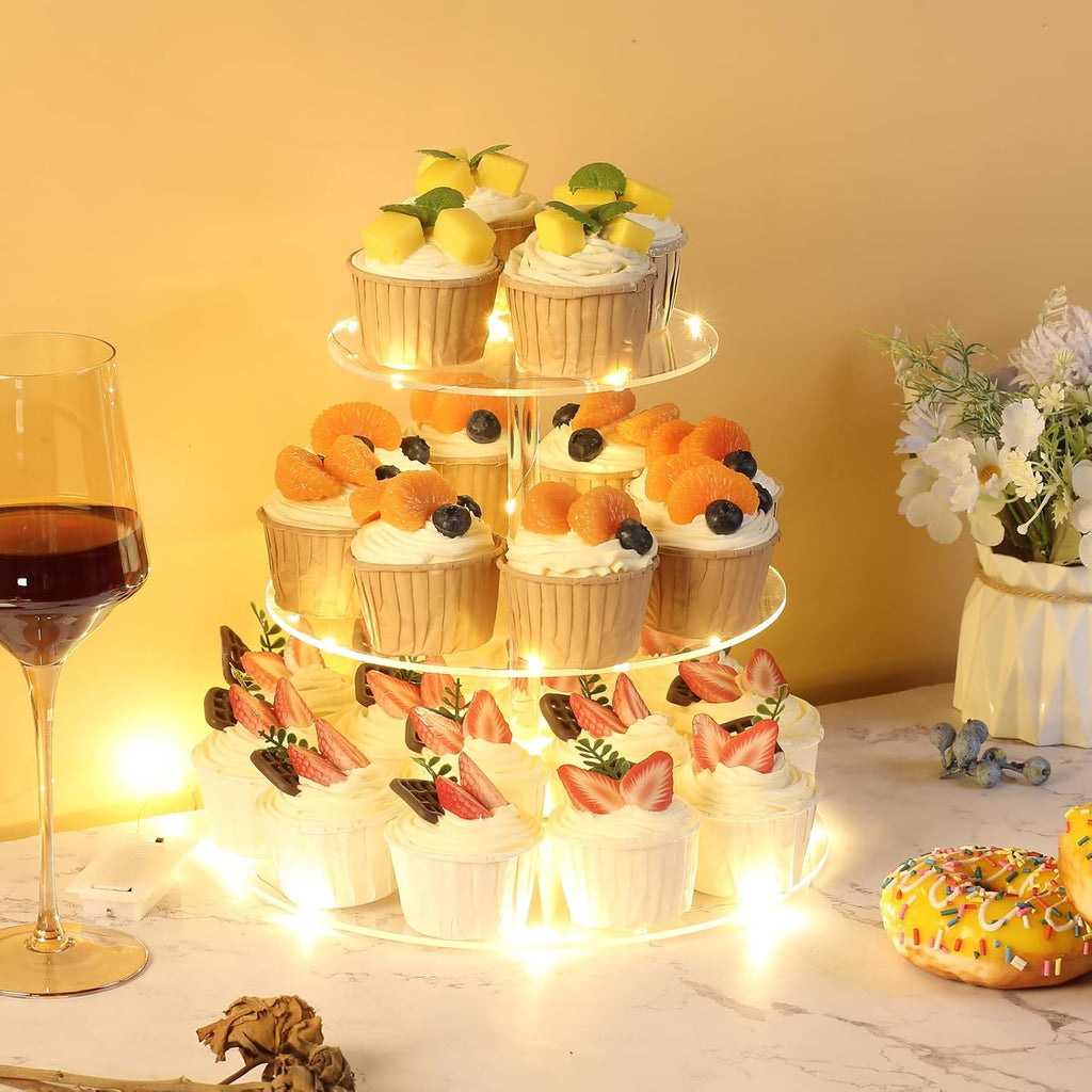 3 Tier Round Cupcake Stand Cupcake Holder, Acrylic Cupcake Tower with LED Yellow Light for 24 Cupcakes, Dessert Table