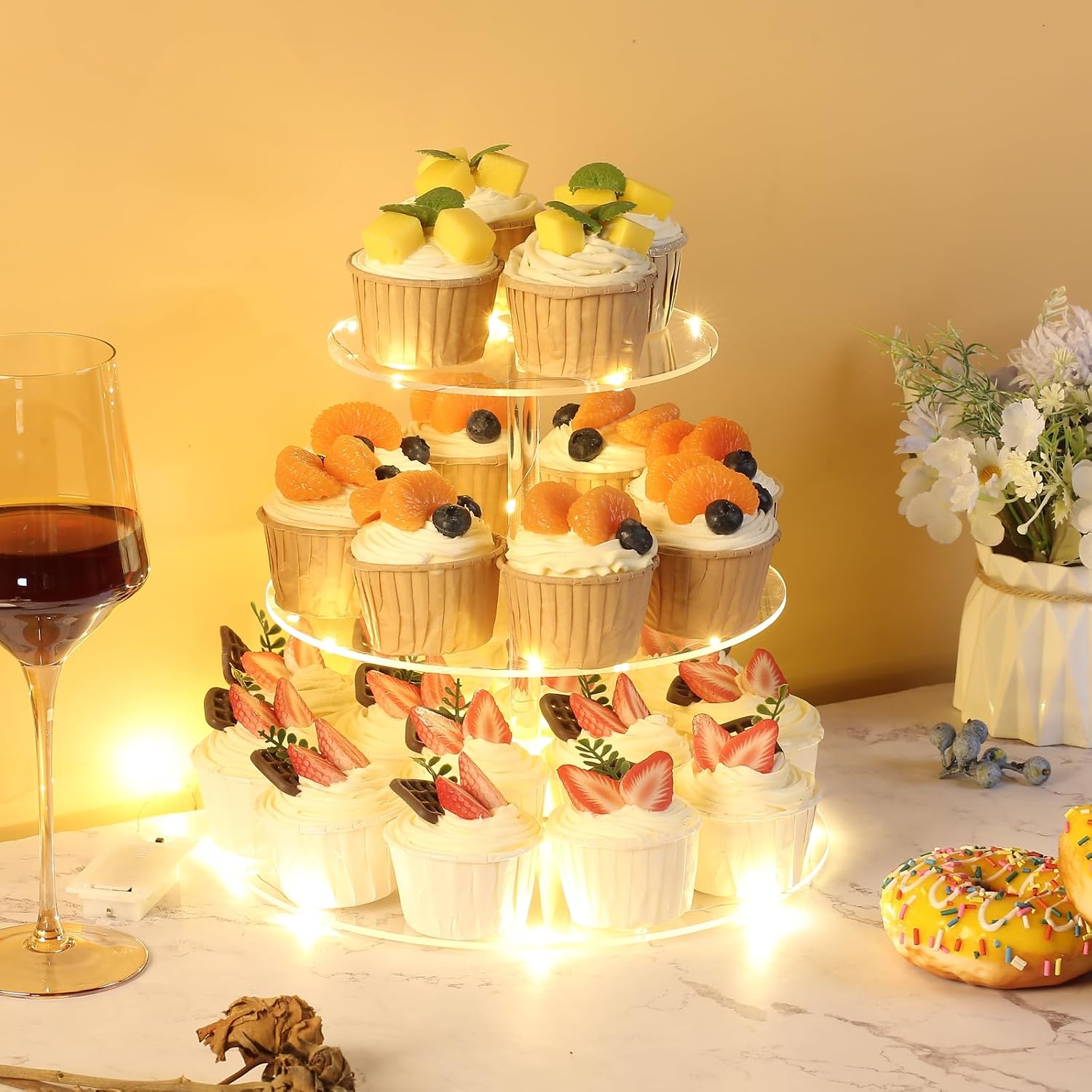 3 Tier Round Cupcake Stand Cupcake Holder, Acrylic Cupcake Tower with LED Yellow Light for 24 Cupcakes, Dessert Table