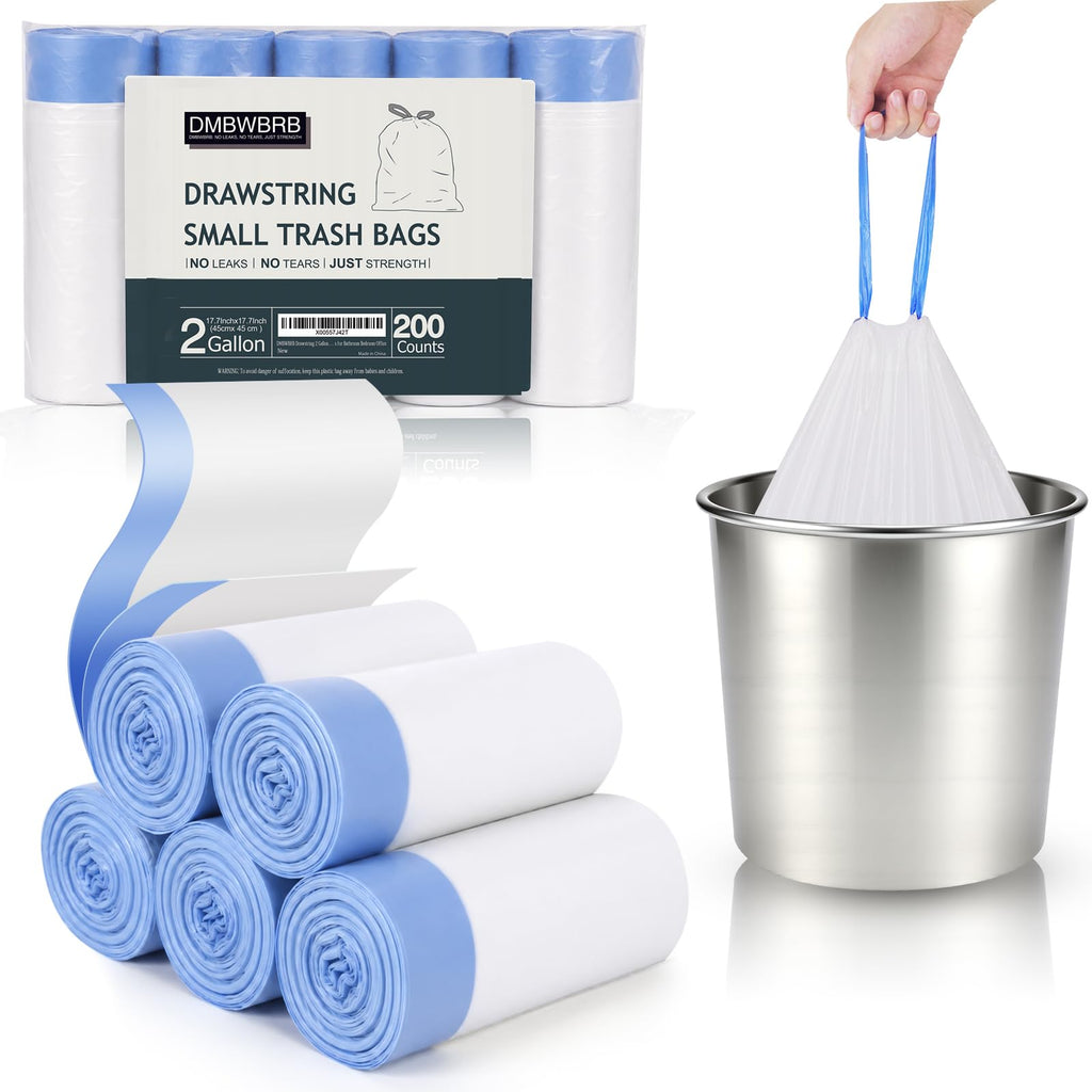 2 Gal Small Trash Bags, Unscented Drawstring, 200 Ct for Bathroom