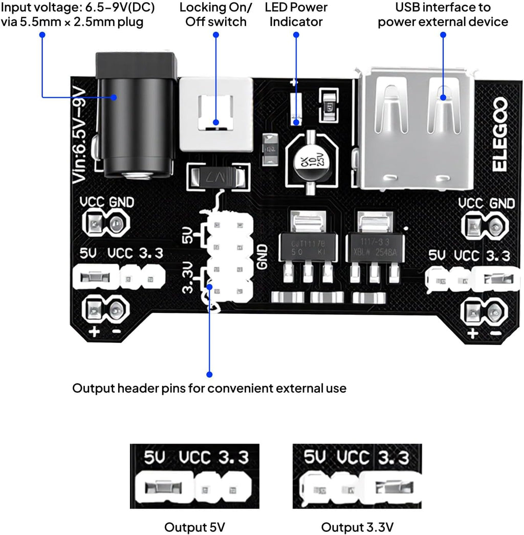 ELEGOO Upgraded Electronics Fun Kit w/Power Supply Module, Jumper Wire, Precision Potentiometer, 830 tie-Points