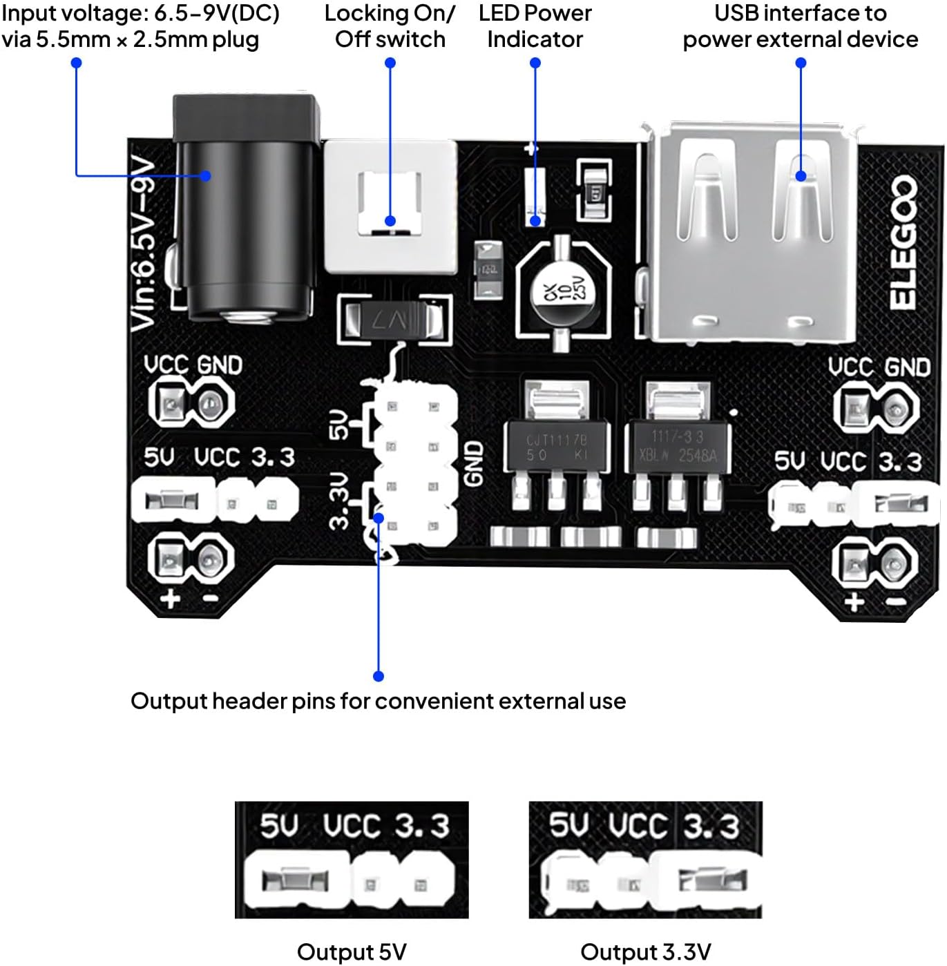 ELEGOO Upgraded Electronics Fun Kit w/Power Supply Module, Jumper Wire, Precision Potentiometer, 830 tie-Points
