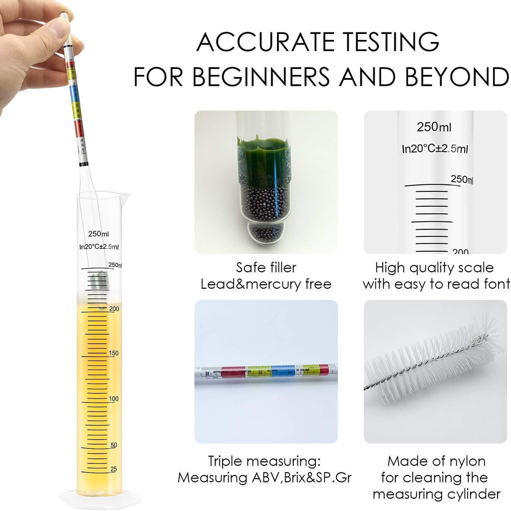 Hydrometer and Test Jar for Wine, Beer and Kombucha - Including 250ml Plastic Cylinder, Cleaning Brush and ABV