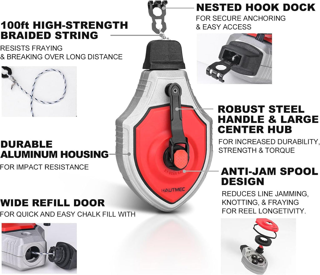 Pro Chalk Line Tool, 100ft Chalk Reel with 6:1 Gear Ratio, Aluminum Chalk Box and Construction String Line, Carpentry