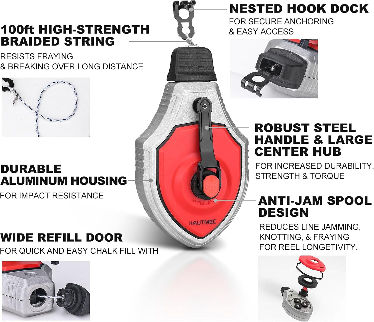 Pro Chalk Line Tool, 100ft Chalk Reel with 6:1 Gear Ratio, Aluminum Chalk Box and Construction String Line, Carpentry