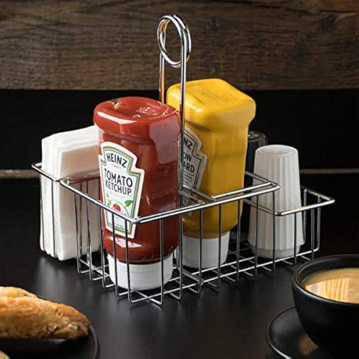 Modern Chrome Metal Four Compartment Condiment Caddy Table Caddies Collection