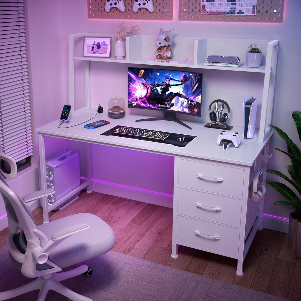 White Computer Desk with Hutch & Drawers - 47 Inch Modern Study Writing Office Desk with 3 Storage Drawers and Power
