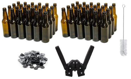 Beer Bottling Bundle with - 48 Bottles (2 Cases of 24) 12 Ounce Amber Beer Bottles - 150 Crown Caps - Twin Lever Hand