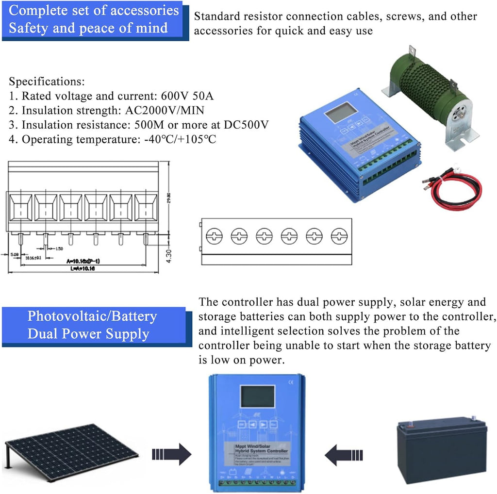 1200W Off Grid with Unloader Hybrid Wind Solar Controller Auto 12/24V/48V Battery MPPT Charge Boost Float of Max 600w