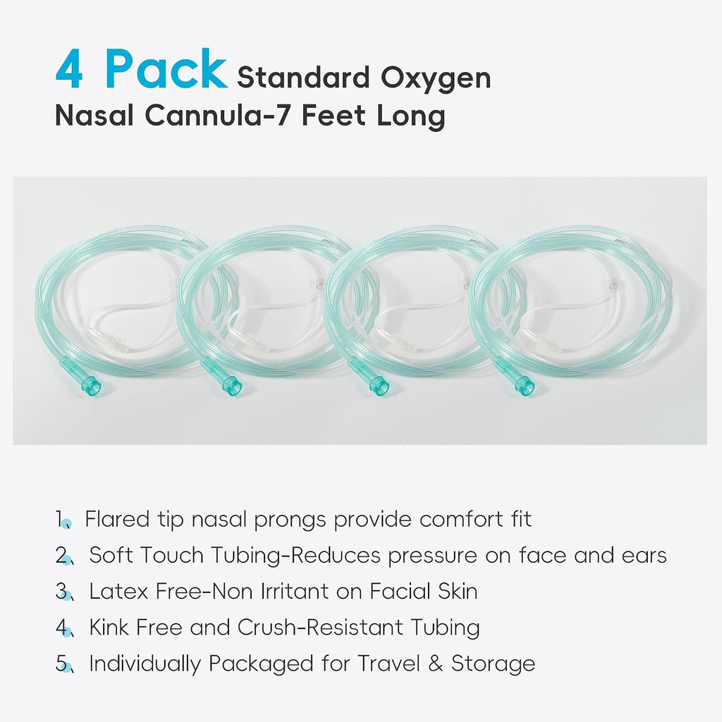 7 Foot Green Nasal Cannulas for Oxygen, Standard Kink Resistant Cannula Nasal Tubing for Oxygen - 4 Pack Oxygen
